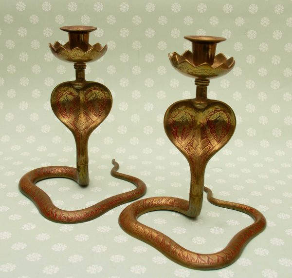 Indian brass enamelled cobra snake candlesticks, Pair Of Large Vintage Cobra Snake Enamelled Brass Candlesticks