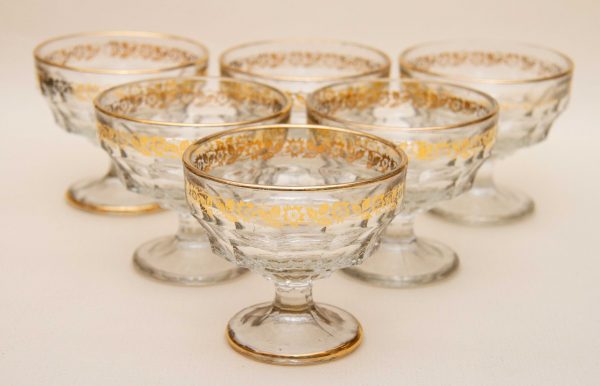 Jacobean desert sundae glass dish, Set of 6 Vintage Jacobean Glass Desert Sundae Dishes, Gold Pattern