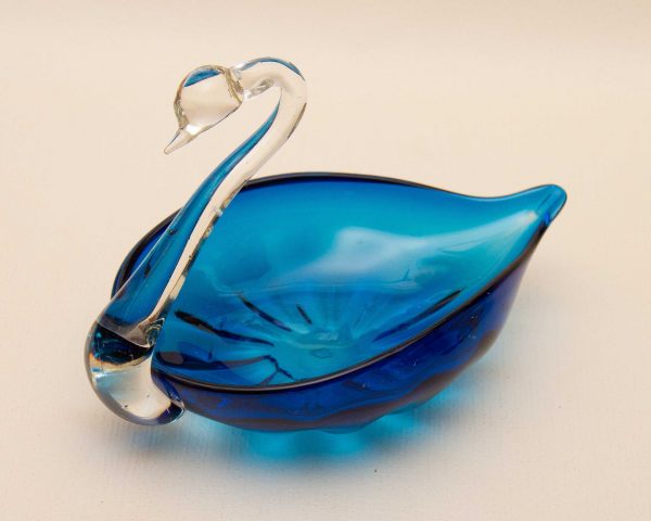vintage blue Glass Swan, Best Art Glass of Japan Vintage Blue &#038; Clear Glass Swan Shape Dish