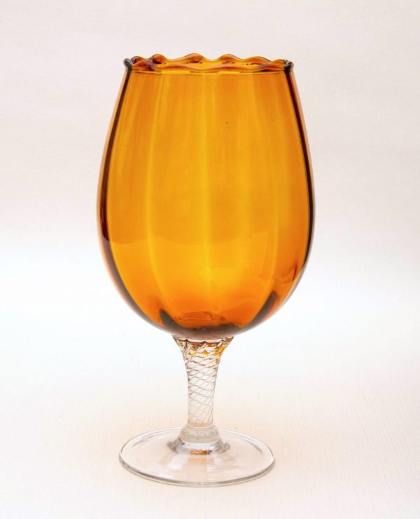 large amber Glass With twisted stem, Large Vintage Fluted Amber Glass Vase Clear Twisted Stem