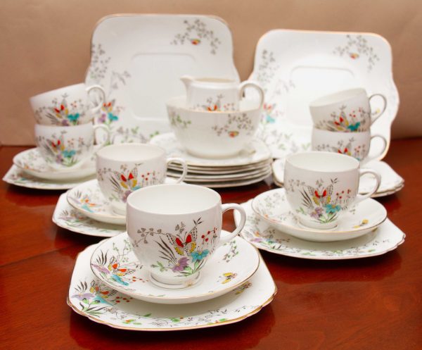 Art Deco Heathcote butterfly tea set, Art Deco Heathcote Best Bone China Tea Set, Butterfly &#038; Flower Pattern