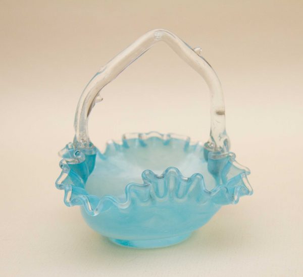 Victorian Opalescent blue glass basket, Antique Victorian Opaline Blue Glass Trinket Basket With Handle