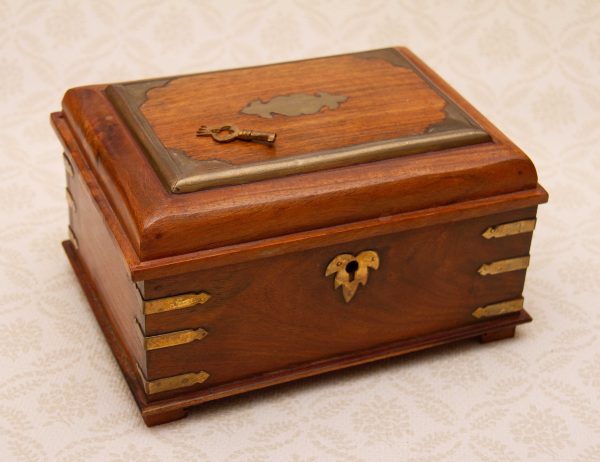 embossed brass wooden box, Wooden Jewellery Trinket Box, With Brass Inlays &#038; Brass Key