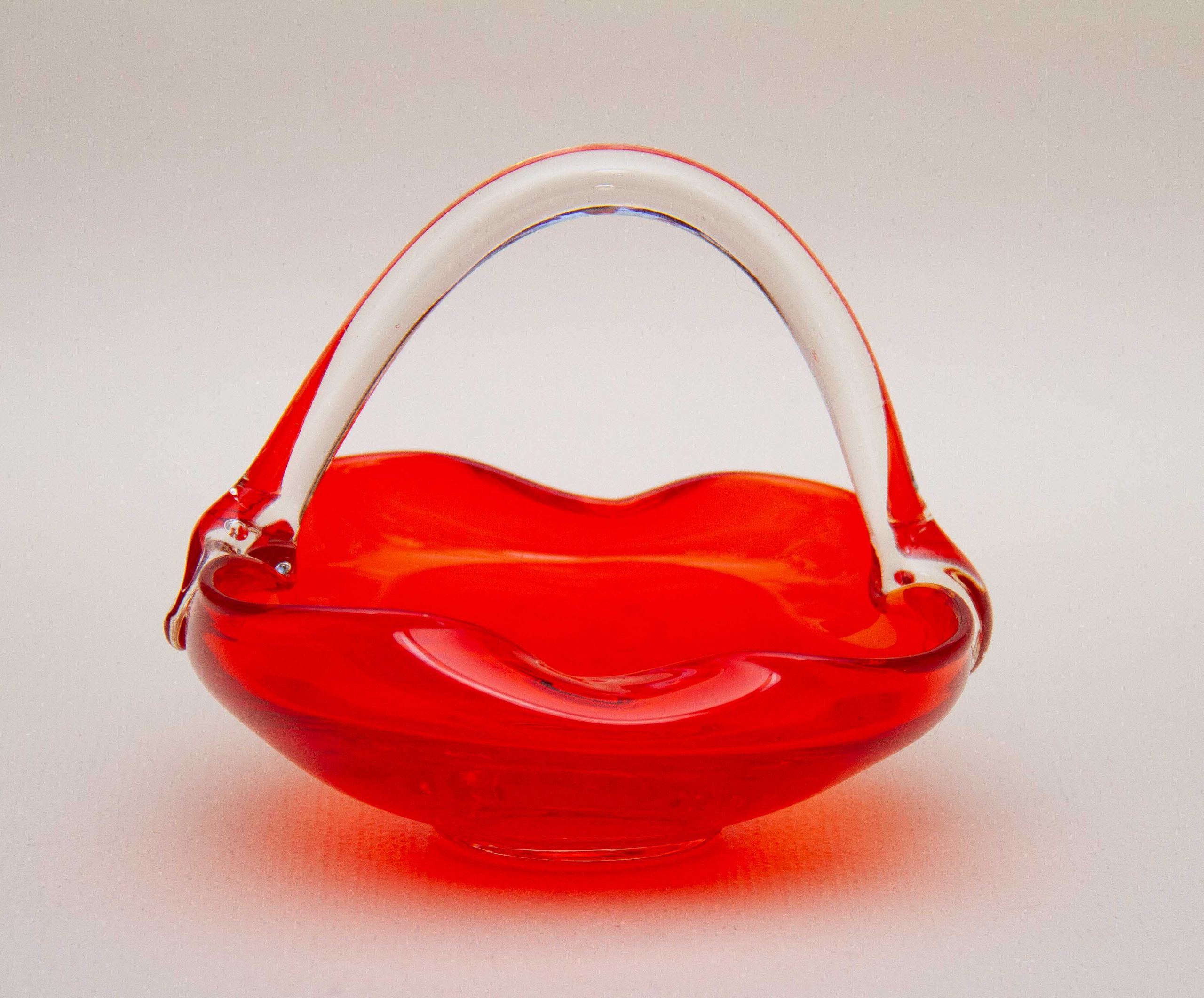 Hand Made Red Glass Trinket Basket Dish With Handle 1950' 1960's Love