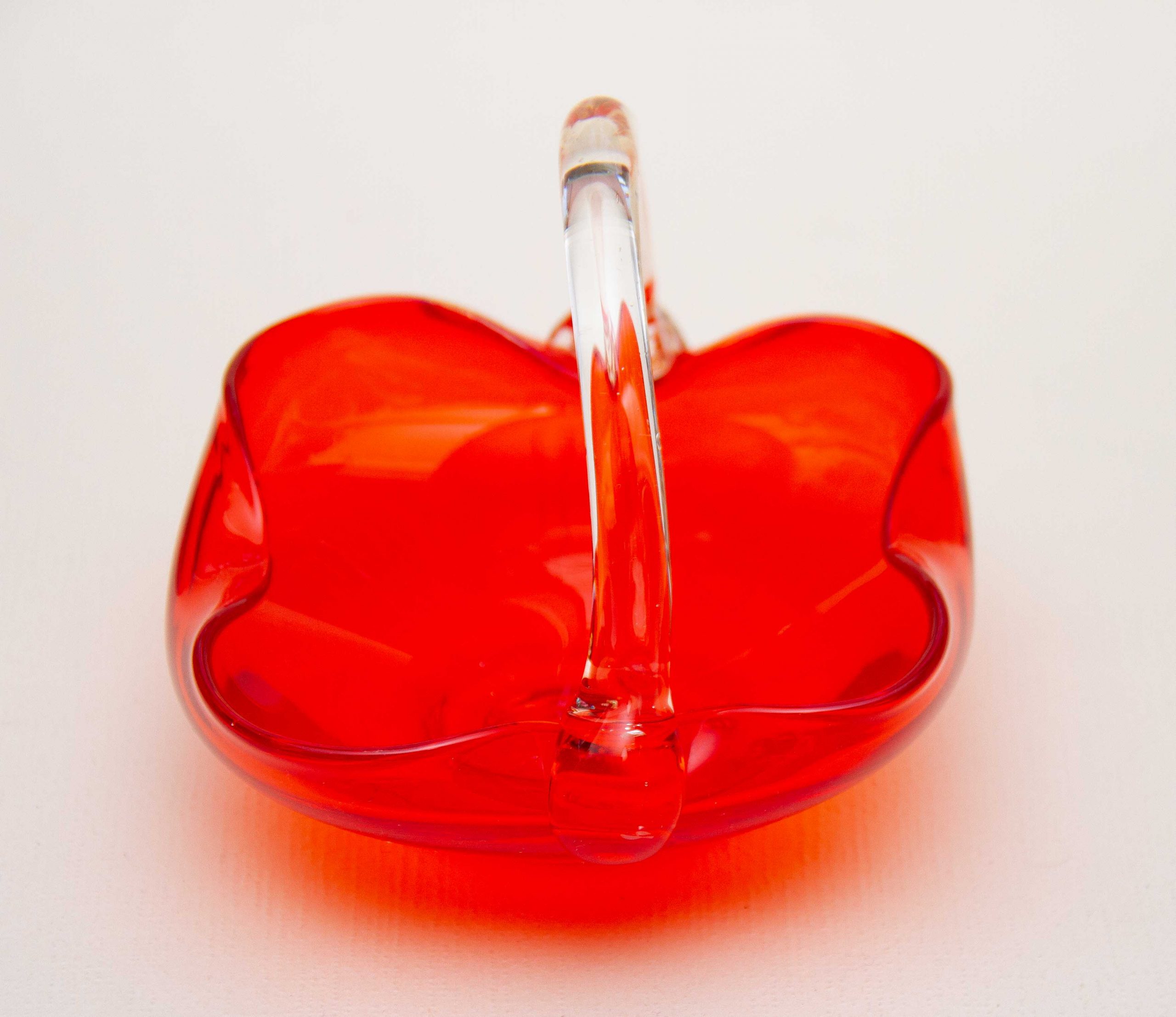 Hand Made Red Glass Trinket Basket Dish With Handle 1950' 1960's Love