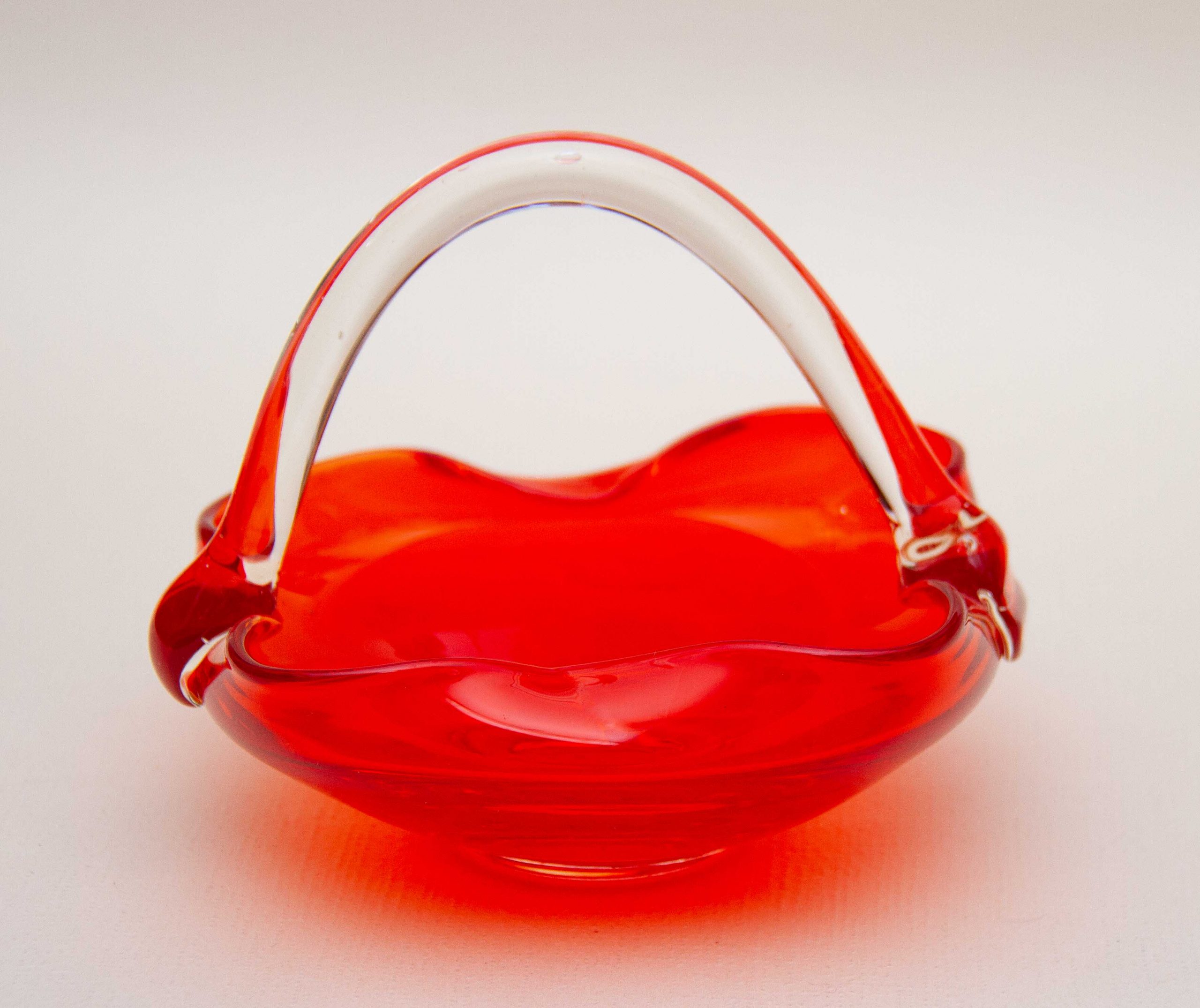Hand Made Red Glass Trinket Basket Dish With Handle 1950' 1960's Love