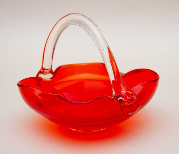 Red Glass Trinket Basket Dish, Hand Made Red Glass Trinket Basket Dish With Handle 1950&#8242; 1960&#8217;s