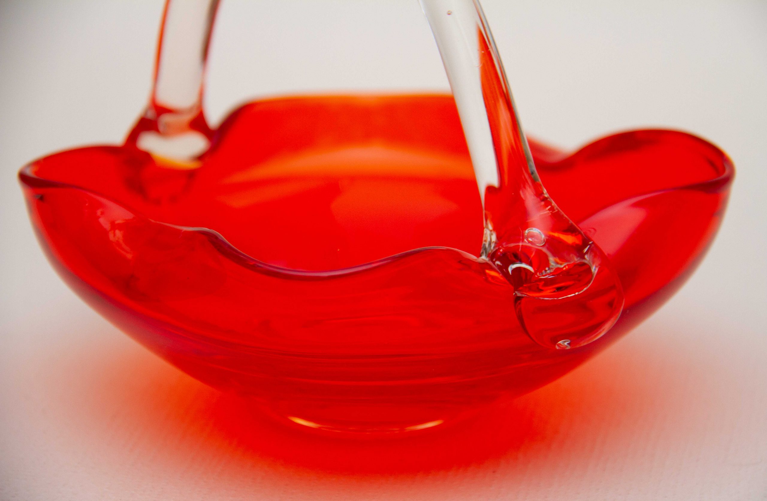 Hand Made Red Glass Trinket Basket Dish With Handle 1950' 1960's Love