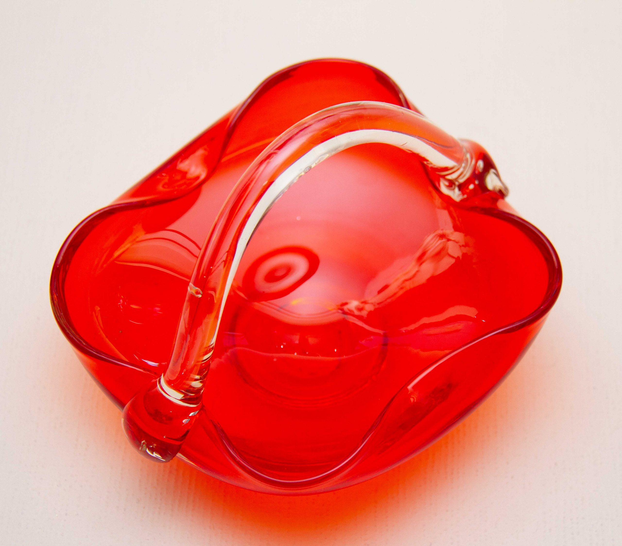 Hand Made Red Glass Trinket Basket Dish With Handle 1950' 1960's Love