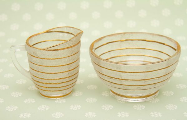1960's glass milk jug sugar bowl, Vintage 1960&#8217;s Glass Milk Jug &#038; Sugar Bowl, Frosted Pattern With Gold Bands