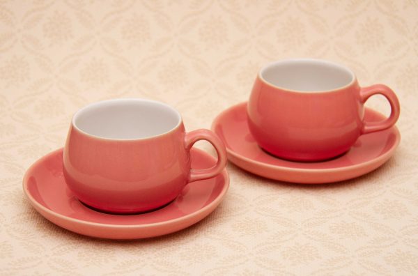 Langley Denby pink retro cups and saucers, Denby / Langley Pottery Retro Pink Cups And Saucers