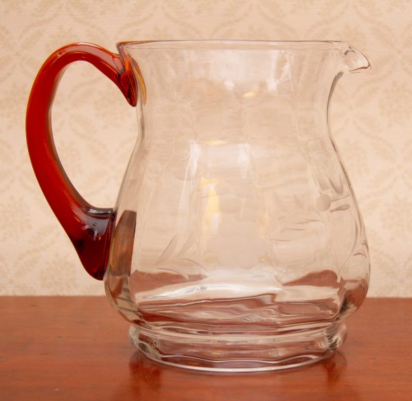 large vintage Vintage amber Glass jug, Large Vintage Glass Water Fruit Jug Pitcher With Amber Glass Handle, Etched Flower Design