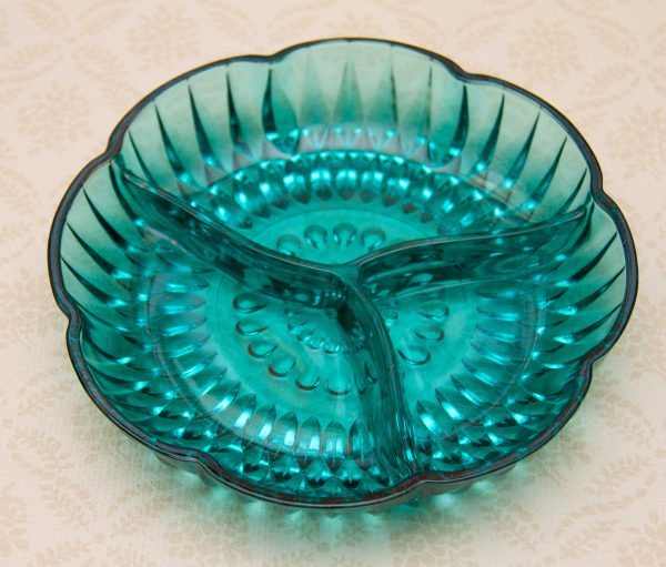 Turquoise Davidson Glass 3 Section Divided Serving Dish, Vintage Turquoise Davidson Glass 3 Section Divided Serving Dish