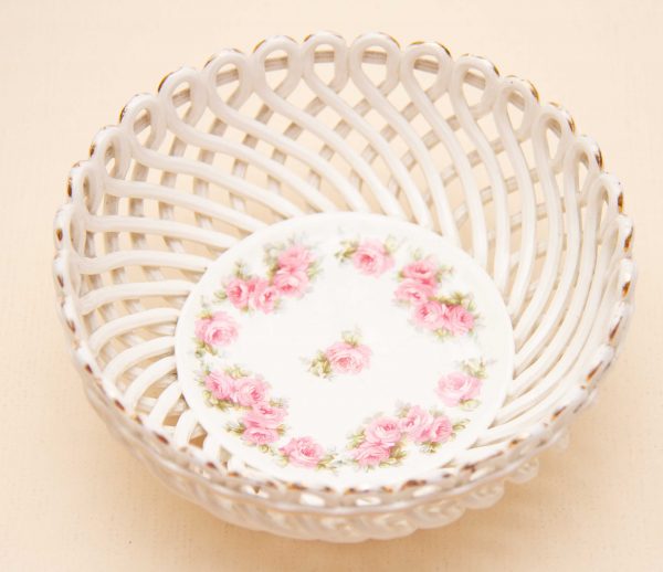 Max Roesler RVR Porcelain, Antique Max Roesler RVR Porcelain Germany, Pink Roses Reticulated Basket Dish