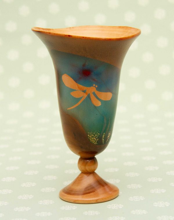 turned wood goblet vase dragonfly, Turned Wood Goblet or Vase With Dragonfly Design