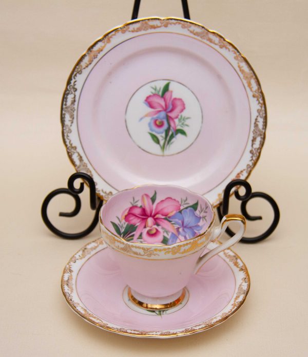 King George VI Coronation Trio, H M Sutherland Bone China Pink Floral Tea Cup, Saucer And Plate Trio