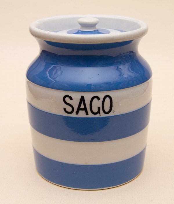 T G GREEN Cornish Ware Sago jar, T G GREEN Cornish Ware Sago Jar With Lid Blue And White, Church Back Stamp