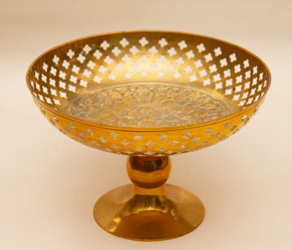 Indian brass pedestal bowl, Indian Brass Cutwork Pedestal Bowl