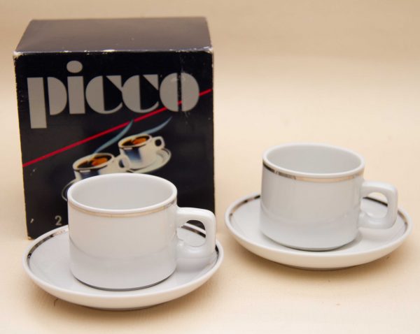 Picco white porcelain espresso cups, Picco Vintage White With Platinum Bands Porcelain Espresso Cups and Saucers Set of 2