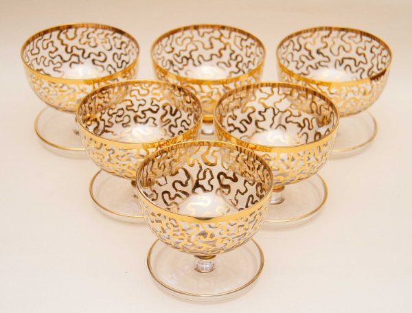 vintage gold Glass Dessert Dishes, Set of 6 Gold Pattern Vintage Glass Footed Dessert/Trifle/Ice Cream Serving Dishes