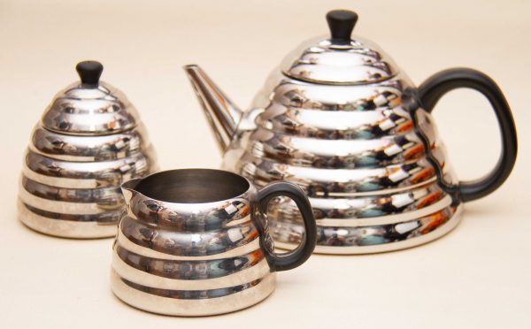 Art Deco chrome tea set, Art Deco Chrome Beehive Tea Set, Teapot, Jug, Sugar Basin