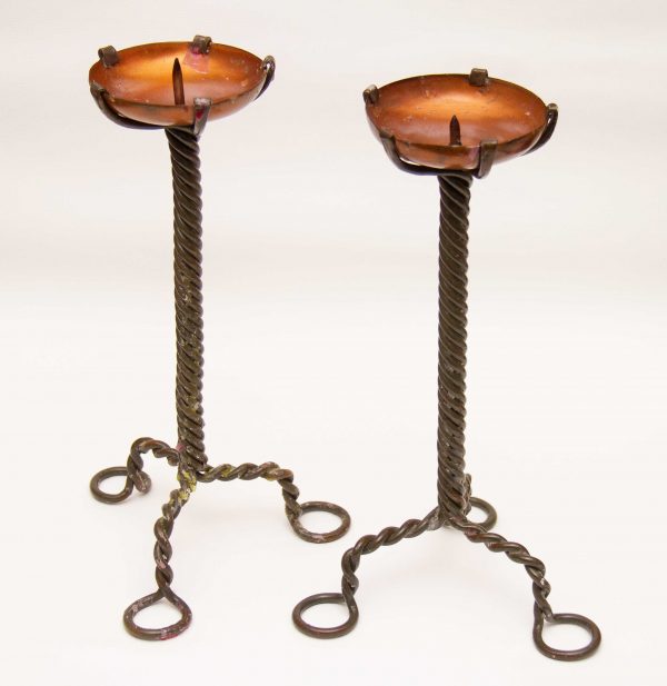 Arts & Crafts Candlesticks, Pair of Arts &#038; Crafts Candlesticks, Twisted Wrought Iron &#038; Copper 1920&#8217;s
