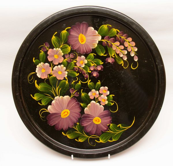 vintage black metal floral tray, Vintage Round Black Painted Metal Tray Floral Pattern, Toleware