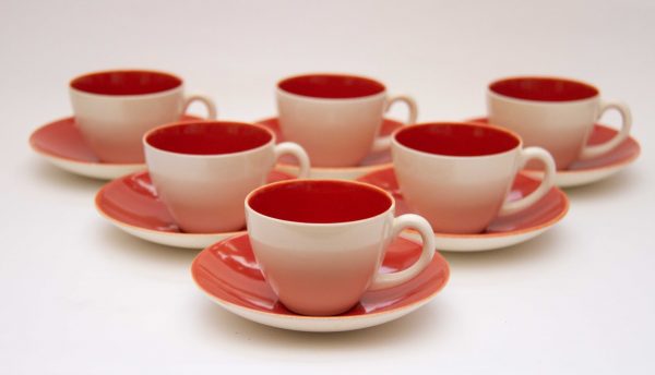 Poole Pottery Two Tone espresso cups saucers, Poole Pottery Two Tone Espresso Coffee Cups &#038; Saucers Set 6, Indian &#038; Magnolia