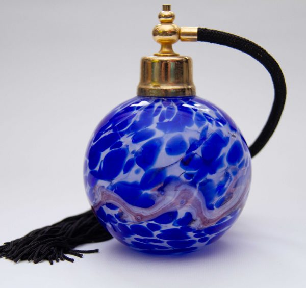 blue white mottled glass perfume atomiser bottle, Blue, White and Purple Mottled Glass Perfume Bottle Spray Atomiser