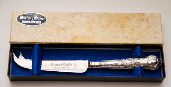 sterling silver Sheffield cheese knife, Vintage Cheese Knife Sterling Silver Handle Sheffield Steel Blade, In Presentation Box