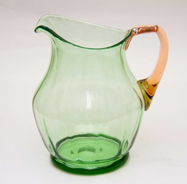 large vintage green pink glass jug, Large Vintage Green Glass Water Fruit Jug Pitcher With Pink Glass Handle