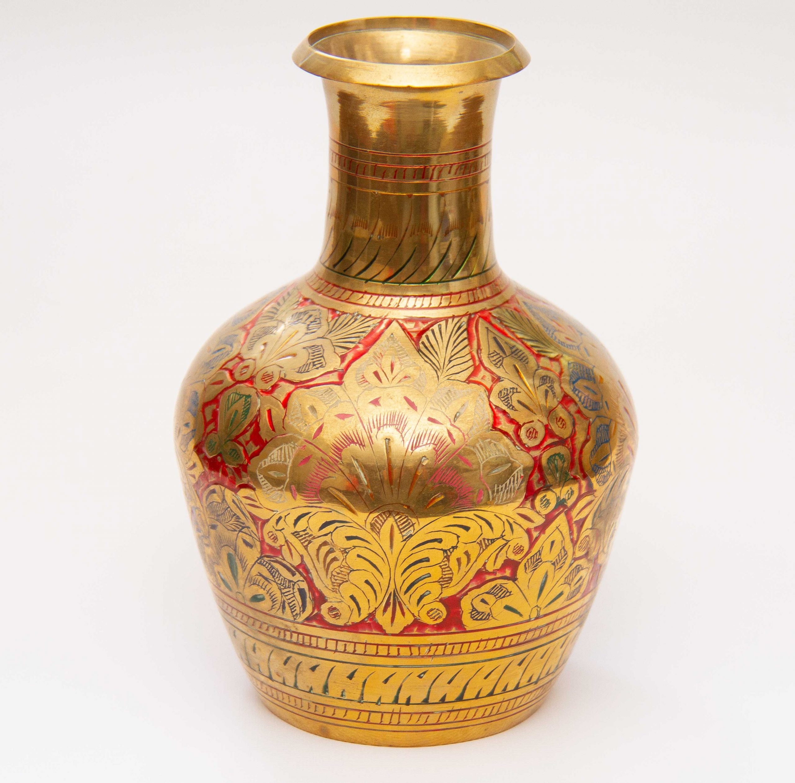 A Large Indian Etched Brass Enamel Vase - Love Vintage