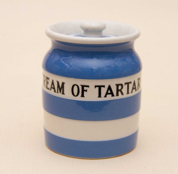 T G GREEN Cornish Ware Cream Of Tartar jar, T G GREEN Cornish Ware Cream Of Tartar Jar With Lid Blue And White Black Shield Back Stamp