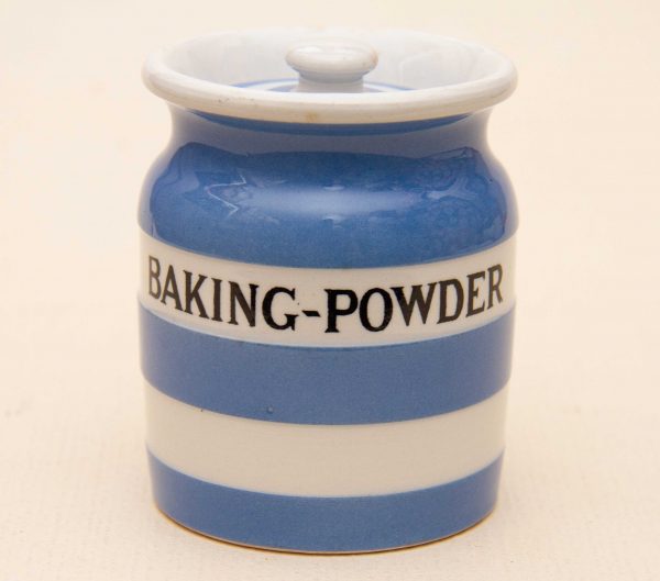 T G GREEN Cornish Ware Baking Powder jar, T G GREEN Cornish Ware Baking Powder Jar With Lid Blue And White, Black Shield Back Stamp