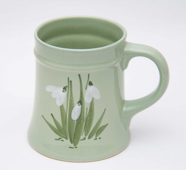 Holkham Studio Pottery Green snowdrop mug, Rare Holkham Studio Pottery Green Tankard Mug Snowdrops Flower Hand Painted