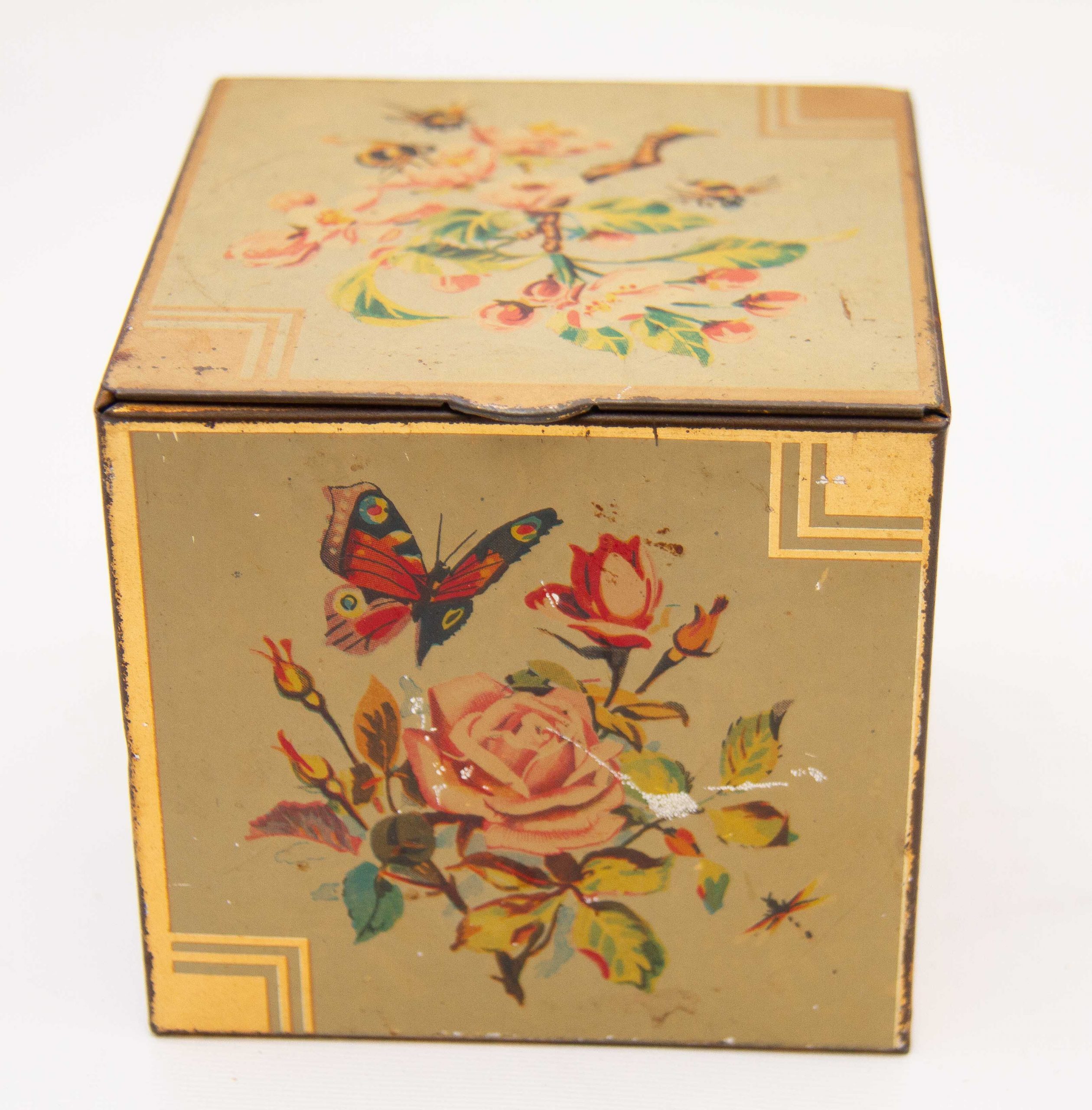 Vintage Square Tea Tin Butterflies, Roses, Floral Design Tea Caddy