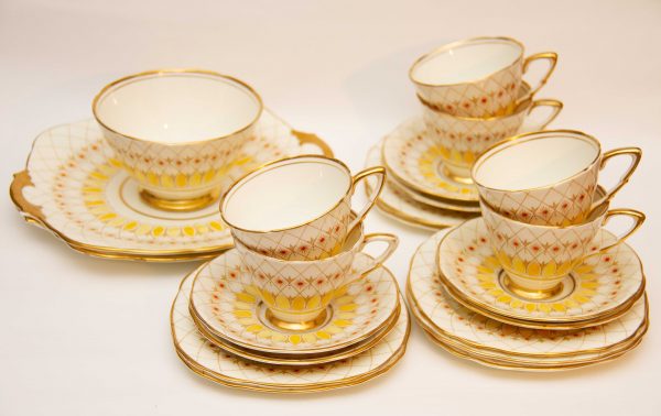 Royal Stafford fine bone china tea set, Royal Stafford Fine Bone China Tea Cups, Saucers, Side Plates, Cake Plates Set Yellow Gilded Design