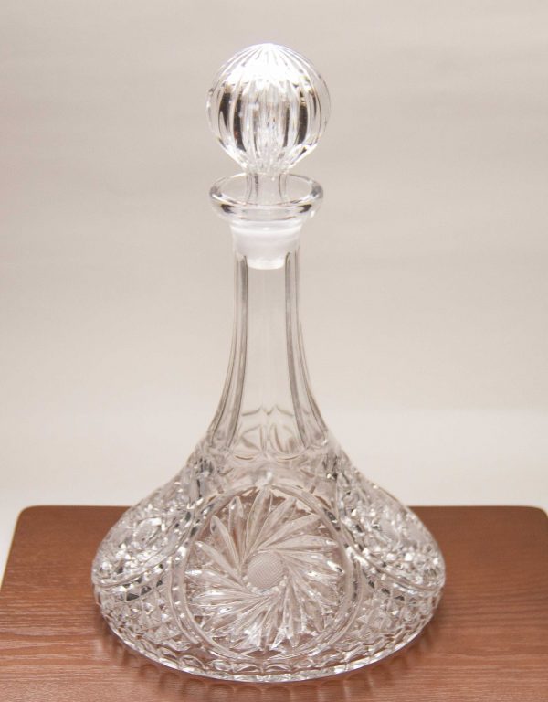 American Brilliant Period crystal glass ships wide base decanter, ABP American Brilliant Crystal Glass Ships Decanter Wide Base Pinwheel Pattern