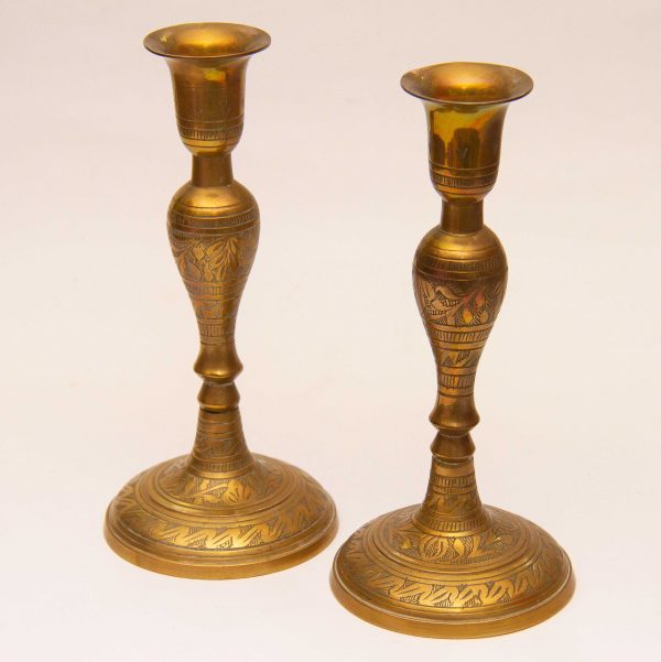 engraved Indian brass candlesticks, Pair Of Vintage Engraved Indian Brass Candlesticks