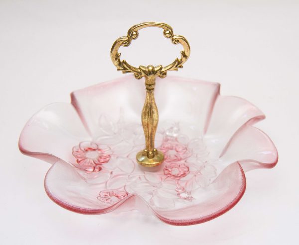 pink glass bon bon dish, Vintage Pink Glass Bon Bon Dish With Gold Handle