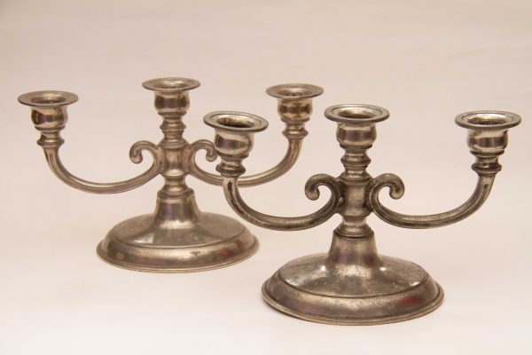 pair of 3 arm pewter candelabra candlesticks, Pair of Pewter Candelabra Candlesticks, Dinner/Taper Candle Holders