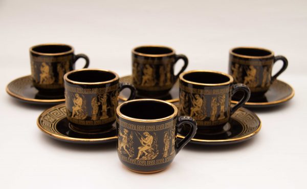 , Greek Black &#038; 24k Gold Espresso Cups and Saucers, Hand Made