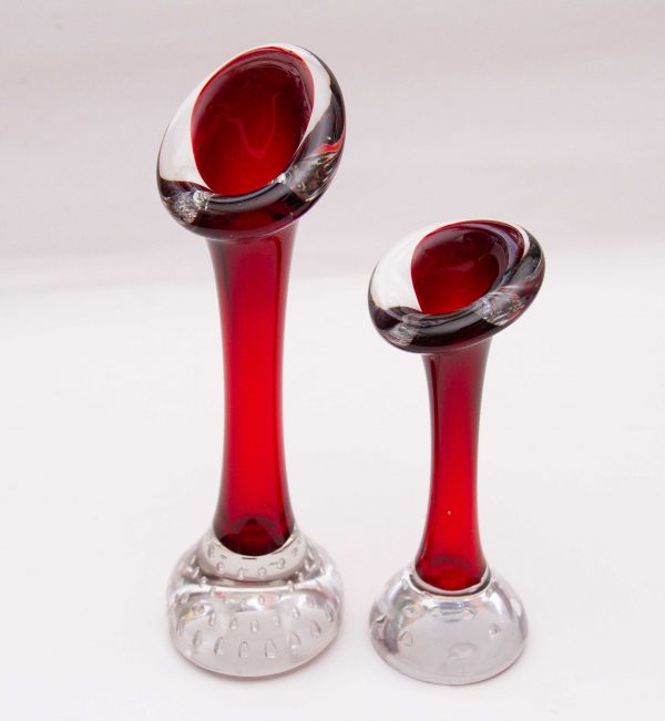 1960's Aseda Swedish glass, 2 1960&#8217;s Aseda Glasbruk Red &#038; Clear Controlled Bubble Vases