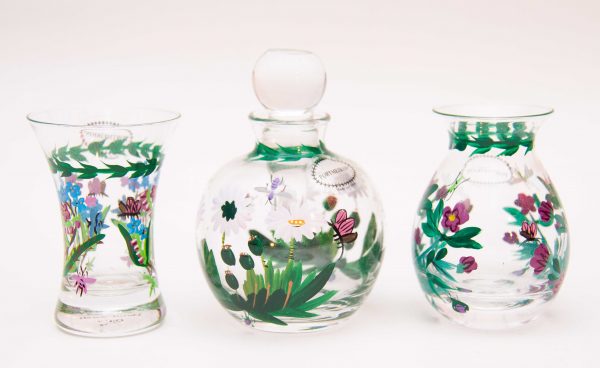 Portmeirion Botanic Garden glass vanity set, Portmeirion Botanic Garden 3 Piece Hand Painted Glass Vanity Set