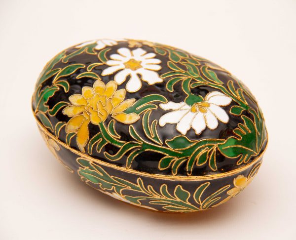 Chinese Gold and Black Cloisonné Oval Trinket Jewellery Box, Chinese Gold and Black Cloisonné Oval Trinket, Jewellery Box With Lid