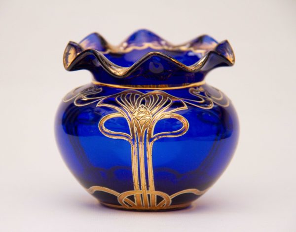 Moser Cobalt Blue Glass Art Nouveau Gilded Vase, Moser Cobalt Blue Glass Art Nouveau Gilded Vase