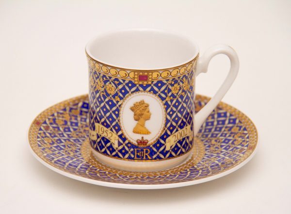 Sadler Queen Elizabeth gilt and blue demitasse cup and saucer, Sadler Queen Elizabeth Golden Jubilee Blue Gilt Demitasse Cup &#038; Saucer