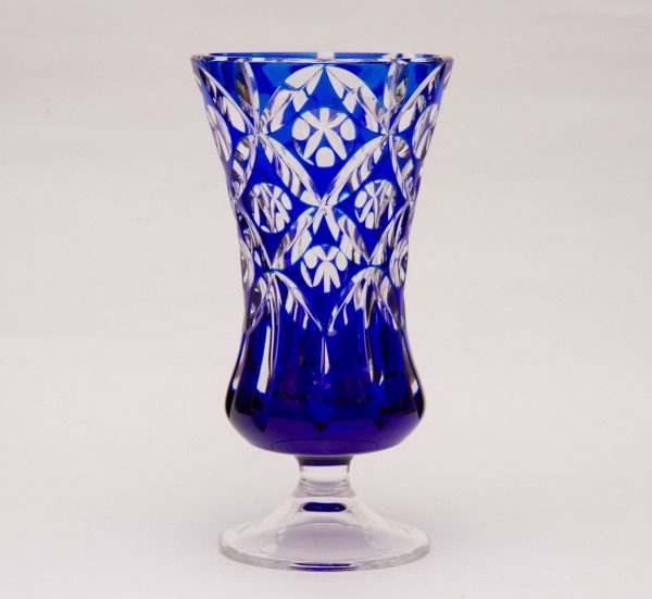 Bohemian Cobalt Blue Cut Clear Glass Vase, Bohemian Cobalt Blue Cut Clear Glass Vase