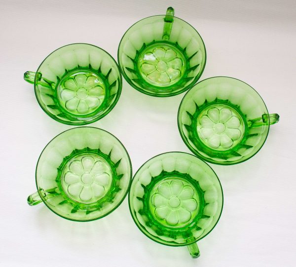 Art Deco Green Uranium Glass Sundae Dishes, 5 Art Deco Green Uranium Glass Dessert Dishes With Handles