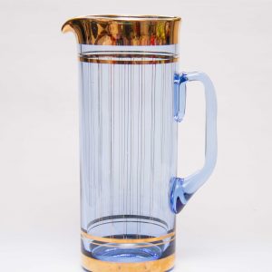 Gold Decorated Tall Blue Glass Pitcher